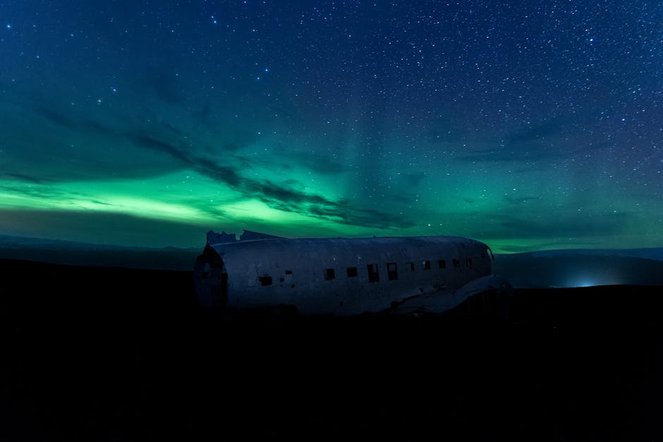Aircraft wreck under the aurora borealis